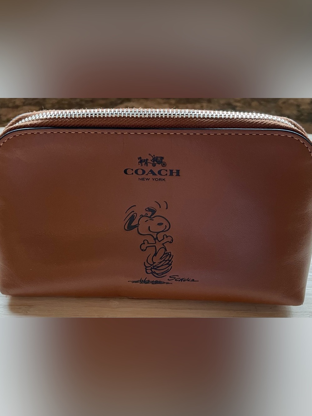 Coach x Peanuts Snoopy Leather Cosmetic Pouch Brown Zip Case Rare